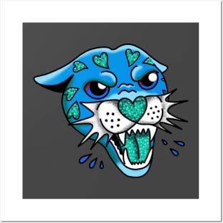 American Traditional Panther Tattoo with Hearts, Blue and Teal, with Sparkles and glitter cute gift Posters and Art